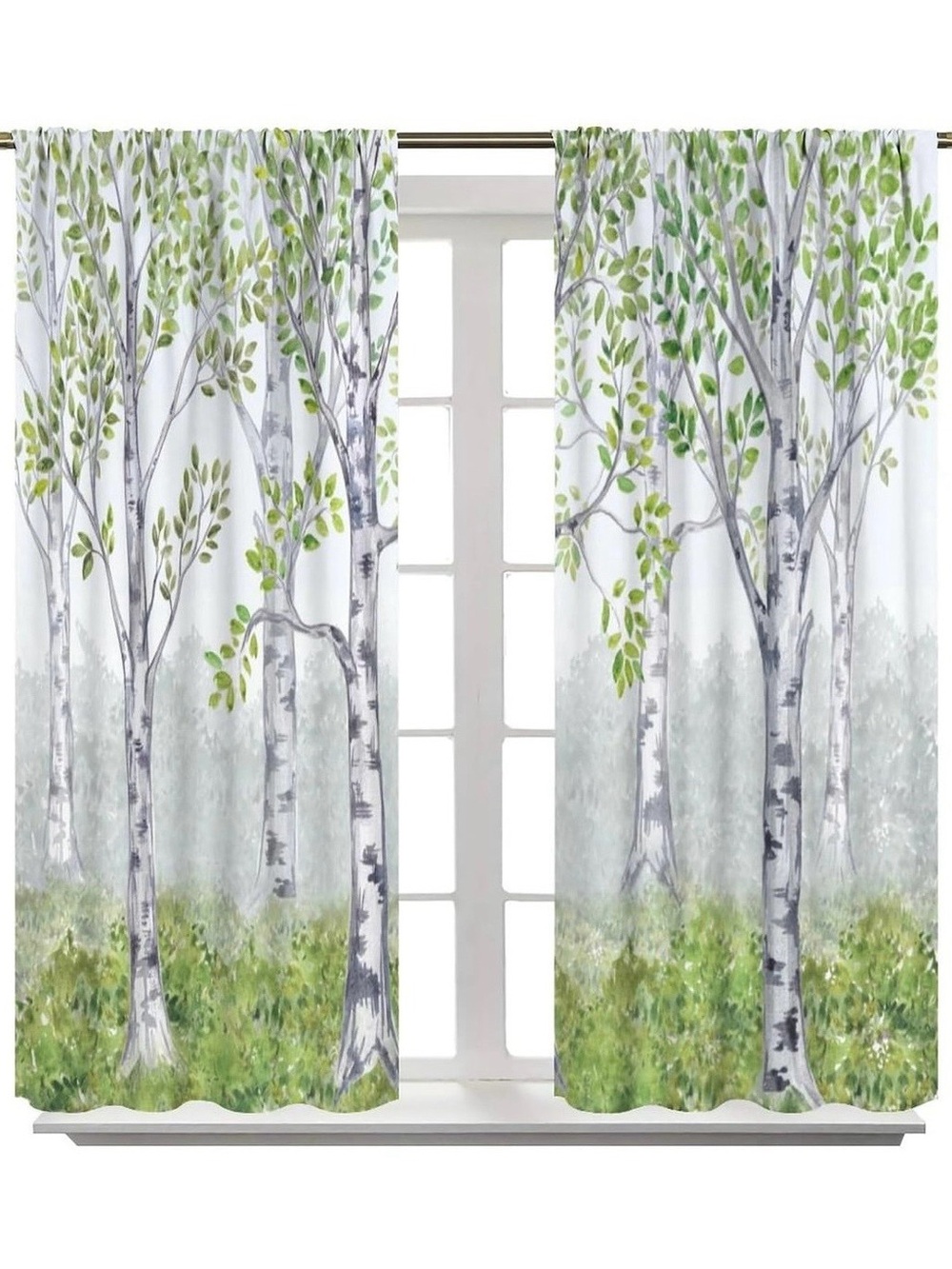 Green Birch Tree Window Curtain Panel -